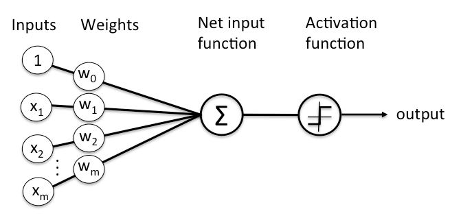 Diagram of a node that combines input data with a set of weights assign significance to inputs to produce the output
[@Deeplearning4j]